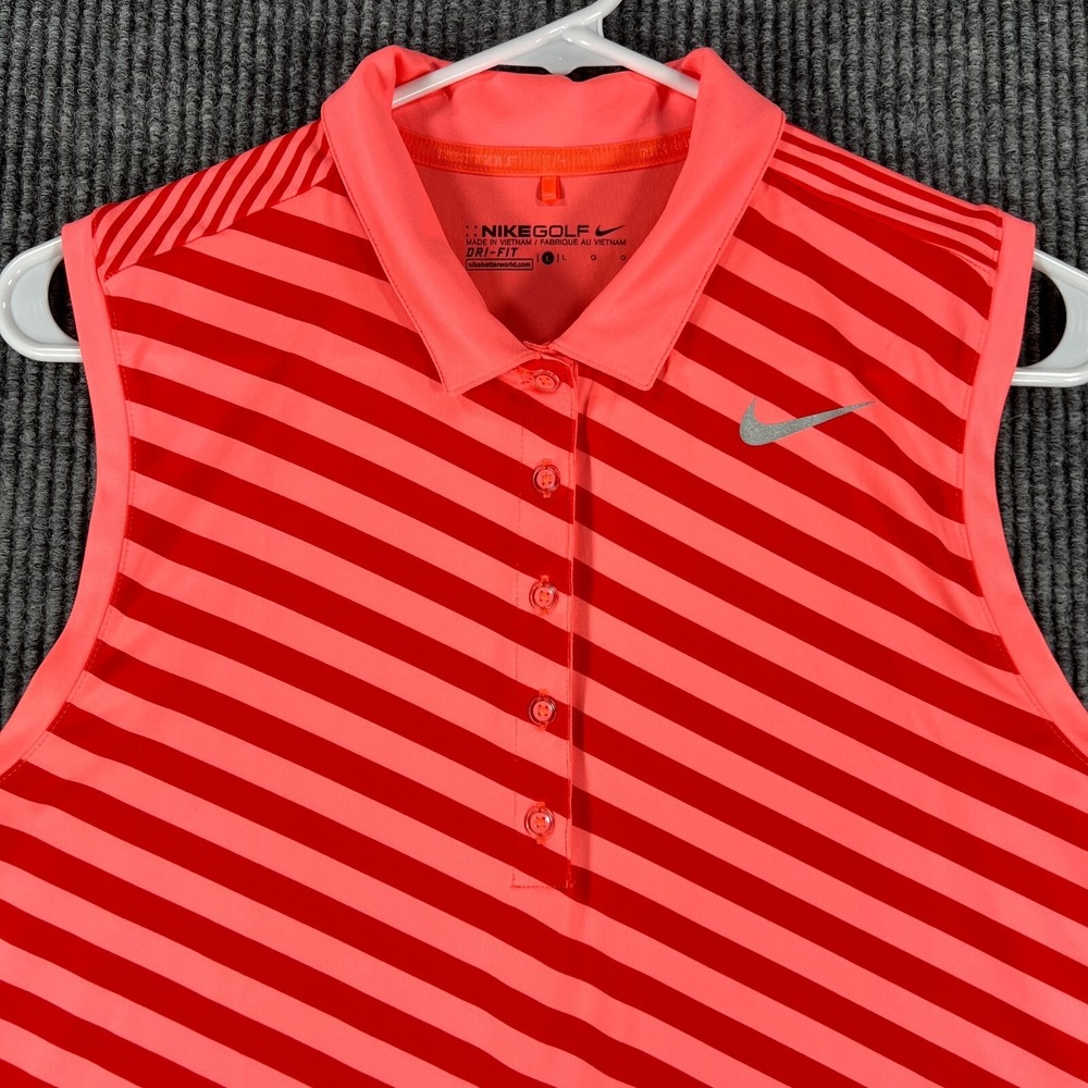 Nike Polo Shirt Womens Large Pink Striped Sleeveless Golf Outdoor Casual Dri Fit
